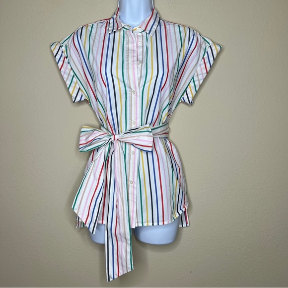 J CREW Button-Front Tie-Waist Top in Rainbow Mini Stripe Poplin - L6710 - Sz XS - Picture 3 of 11
